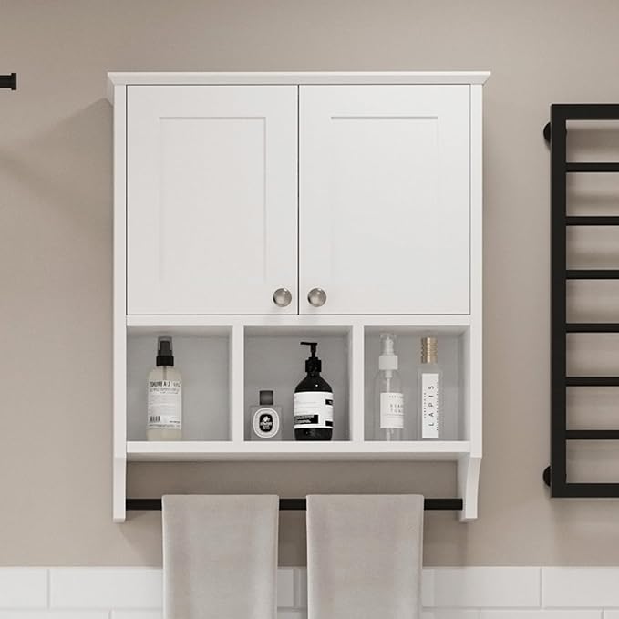 Bathroom Medicine Cabinet, Bathroom Cabinet Wall Mounted Over-The-Toilet with Towel Bar, 2 Doors & 3 Open Shelves, White