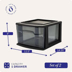 HOMZ 2-Pack 1-Drawer Storage Cart, Plastic Container w/Smoke Tint, 14.25" Wide Medium, Black Frame - Organizing Drawer Containers for Home, Bathroom, Bedroom, Office, and Classroom