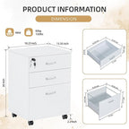 QDSSDECO 3 Drawer Mobile File Cabinet, Rolling Vertical Filing Cabinet fits A4, Legal Paper and Letter Paper for Home Office, White with Lock