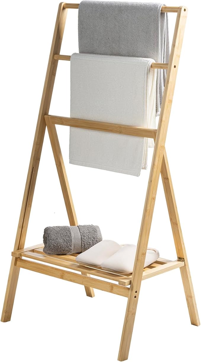 MyGift 3 Tier Free Standing Towel Rack for Bathroom, Pool Outdoor, Foldable Blanket Ladder with Storage Shelf, 43" H Bath Towel Holder Organizer Drying Rack, Light Brown Solid Bamboo Quilt Rack