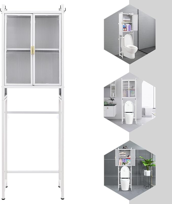 3-Tier Over Toilet Storage Cabinet | Carbon Steel Bathroom Shelf with Adjustable Shelves, 33.07LBS/Tier Load-Bearing - Waterproof PC Door Organizer for Toilet Area (White)
