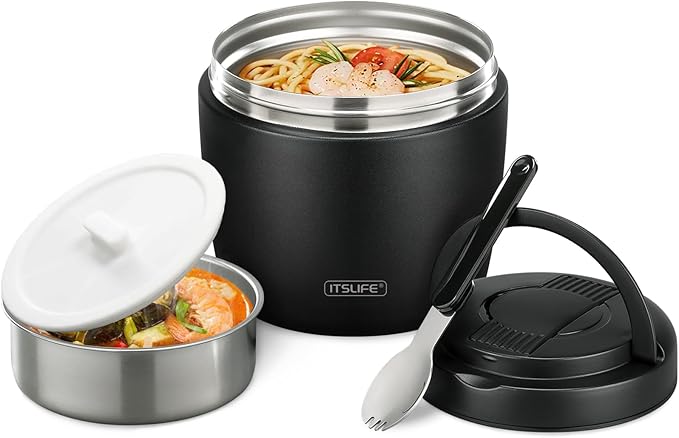 Itslife 32oz Insulated Soup Thermos, Vacuum Stainless Steel Food Jar for Hot & Cold Food, Leakproof Wide Mouth Lunch Container with Spoon, Black
