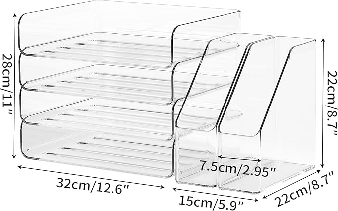 4-Tier Horizontal Acrylic Paper Tray Organizer with Bookends | Clear Stackable Desk Organizer for Documents, Letters, A4 Paper | Modern Office/Classroom/Home Organization