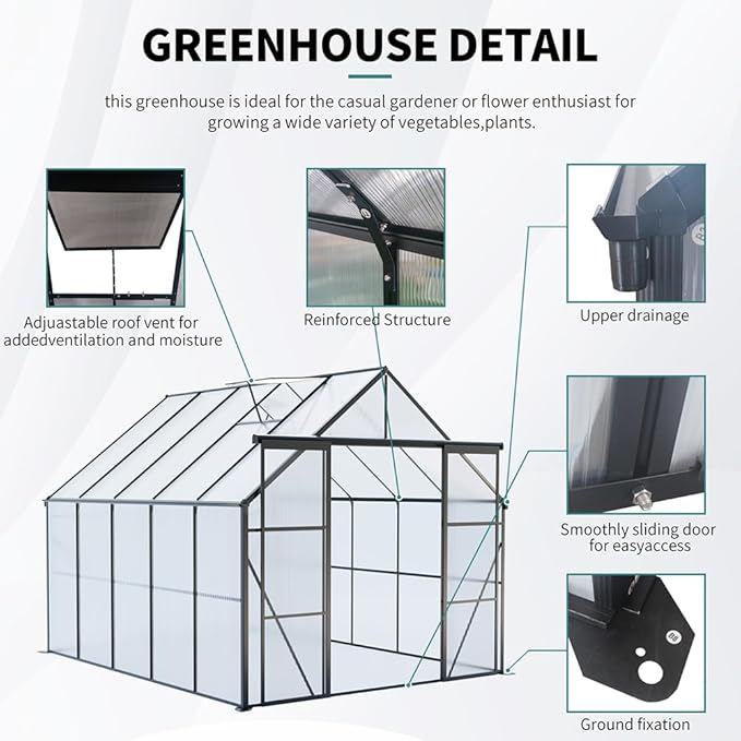 Double Sliding Door Polycarbonate Greenhouse with Rain Gutter and Roof Vent, Raised Base and Anchor Aluminum Heavy Duty Walk-in Green House, Outdoor Patio Sunroom (Black, 121.25*94.5*89.5in)