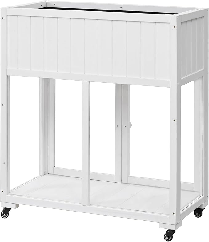 Patio 35.4"x17.7"x37.4" Mini Wood Cold Frame, Compact 2 Doors Garden Greenhouse with Wheels, Raised Bed with Liner for Indoor Outdoor Use, White