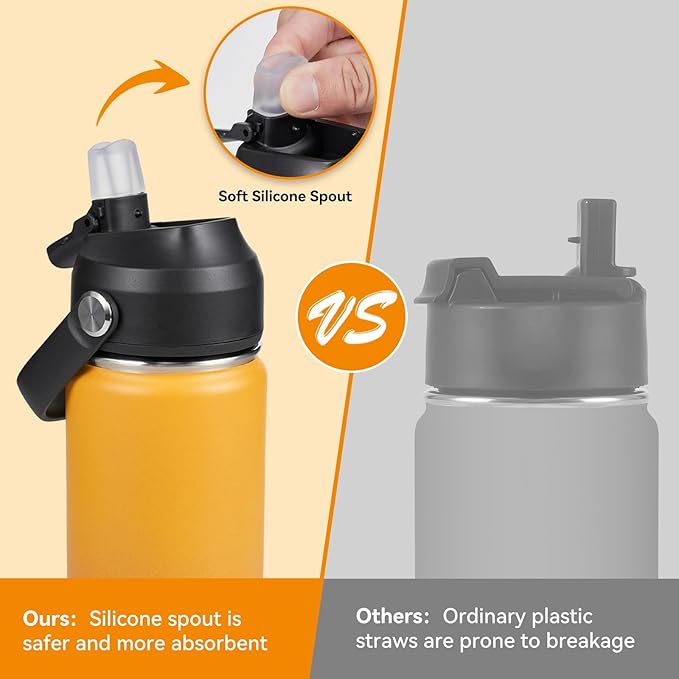 18oz Insulated Stainless Steel Water Bottle, Wide Mouth Double Wall Vacuum, Silicone Straw, Sweat & Leak Proof, BPA Free Insulated Water Flask for Travel, Keep Cold 24h Hot 12h, Orange