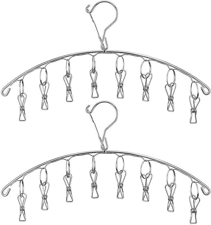Stainless Steel Laundry Drying Rack Clothes Hanger with Windproof Hook,Underwear Hanger,Clothes Hangers with 8 Clips for Drying Socks,Diapers,Baby Clothes(2 Pack)