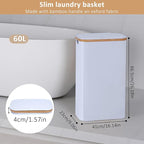 60L Slim Laundry Hamper, Narrow Laundry Basket with Lid,Foldable Clothes Hamper with Bamboo Handles,Hamper Basket with Removable Inner Bag for Laundry Room Bedroom College Dorm,15.85 Gals White