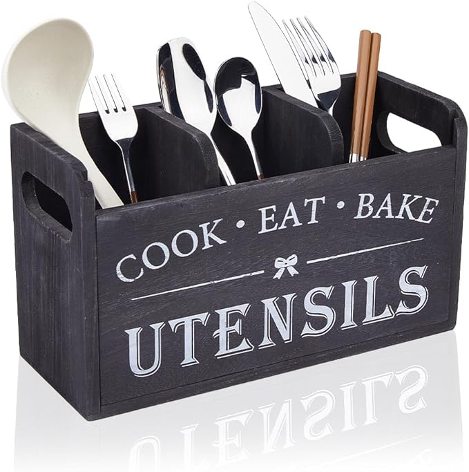 DICOSMETIC Large Kitchen Utensil Holder Wooden Utensil Organizer with 3 Compartments Farmhouse Cutlery Holder Flatware Utensil Countertop Storage for Silverware Fork Spoon Spatula, 26.9x10.4x15.4cm