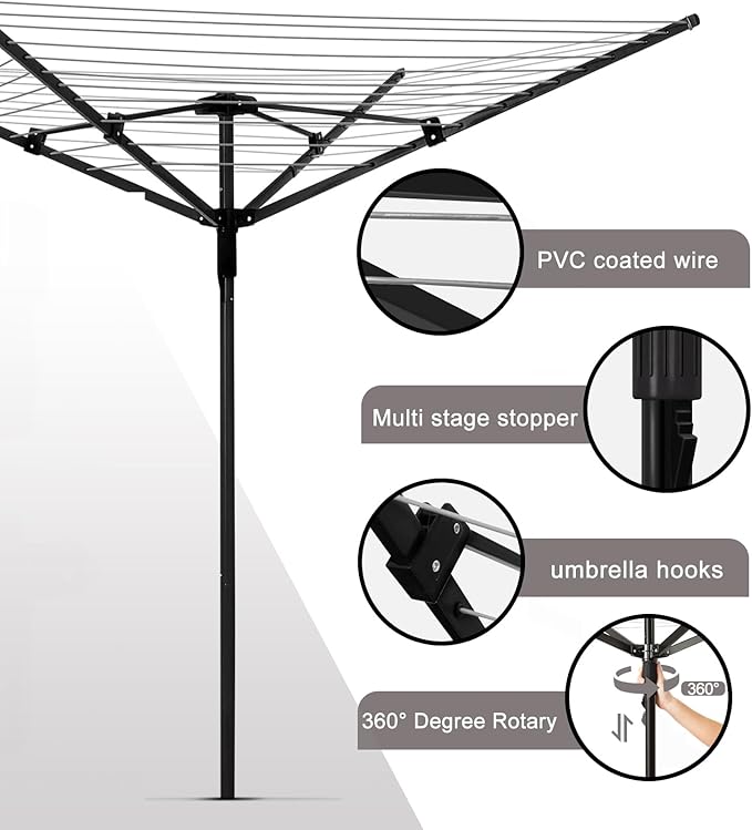 Umbrella Clothesline Outdoor |165 Feet Heavy Duty Rotary Outdoor Umbrella Drying Rack with 4-Aluminum Arms and Steel Post 12-Lines | Adjustable Height & Retractable Clothes Drying Rack for Backyard