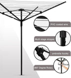 Umbrella Clothesline Outdoor |165 Feet Heavy Duty Rotary Outdoor Umbrella Drying Rack with 4-Aluminum Arms and Steel Post 12-Lines | Adjustable Height & Retractable Clothes Drying Rack for Backyard