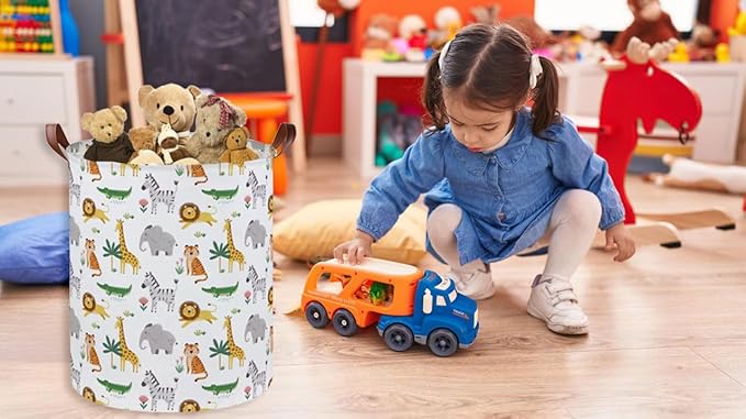 Essme Kids Laundry Basket,Animal Hamper Collapsible Canvas Waterproof Storage Bin for Boys, Cute Hamper,Gift Baskets(Playful Animals)