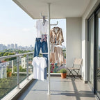 Floor to Ceiling Clothes Drying Rack, Adjustable Tension Pole Laundry Rack for Balcony. Vertical Coat Hanger Stand for Bathroom Bedroom, No Drilling Easy Install Space Saving (White)