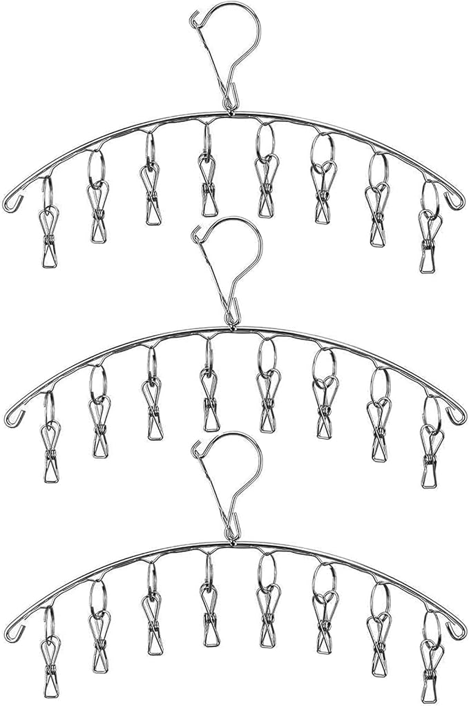Stainless Steel Laundry Drying Rack Clothes Hanger with Windproof Hook,Underwear Hanger,Clothes Hangers with 8 Clips for Drying Socks,Diapers,Baby Clothes (3 Pack)