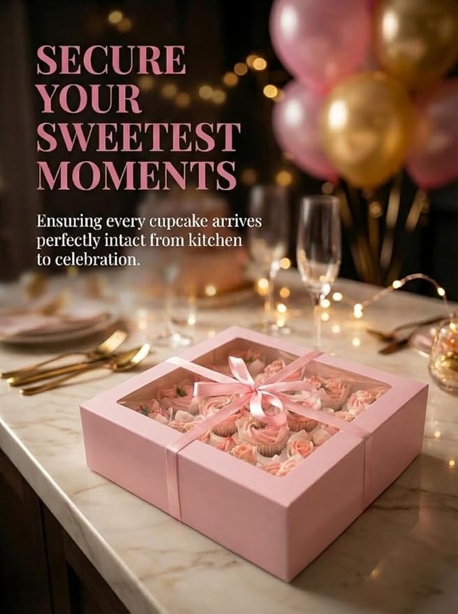Bakepacker 12 Cupcake Containers 10-Packs Pink Cupcake Box Cupcakes Carrier, 12 Cupcake Boxes with Window 13"x10"x3.5"（Auto-pop up）
