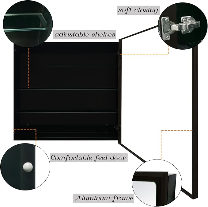 Bathroom Medicine Cabinet with MirrorSurface Mount Vanity Mirror Cabinet, Single Door Cabinet Famerhouse Bathroom with Storage (Brush Black, 24x24 Inch)