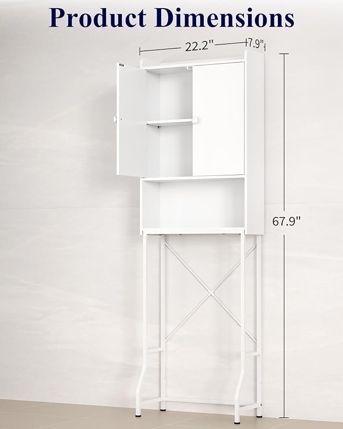 Kitsure Over The Toilet Storage Cabinet - 3 Tier Bathroom Organizers and Storage Solution with Adjustable Shelf & Bottom Bar, Anti-Tip Bathroom Storage Cabinet, White, 3 Tiers (67.9" H)