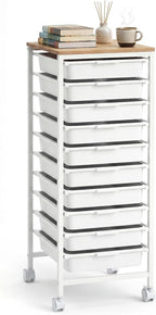 GOFLAME 10-Drawer Rolling Storage Cart, Craft Storage Cart with Wooden Tabletop and Lockable Wheels, Art Cart Supply Storage Organizer with Metal Frame for Home Office Classroom, White