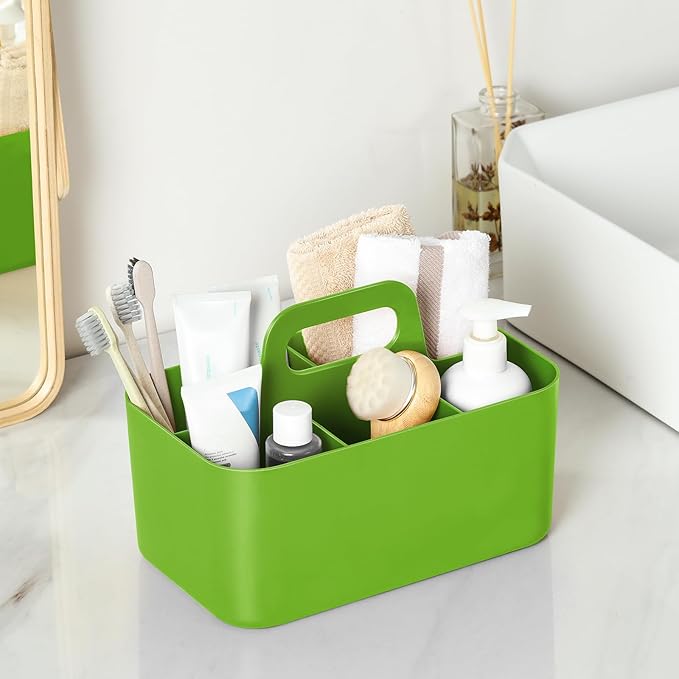 Multiuse Caddy Organizer with Handle - Stackable Plastic Tote Bin - Art Craft Supplies, Office, Desk, Stationery Pen Holder, Kitchen, Utensil, Makeup, Bathroom, Shower, Cleaning, Dorm Organizer -Green