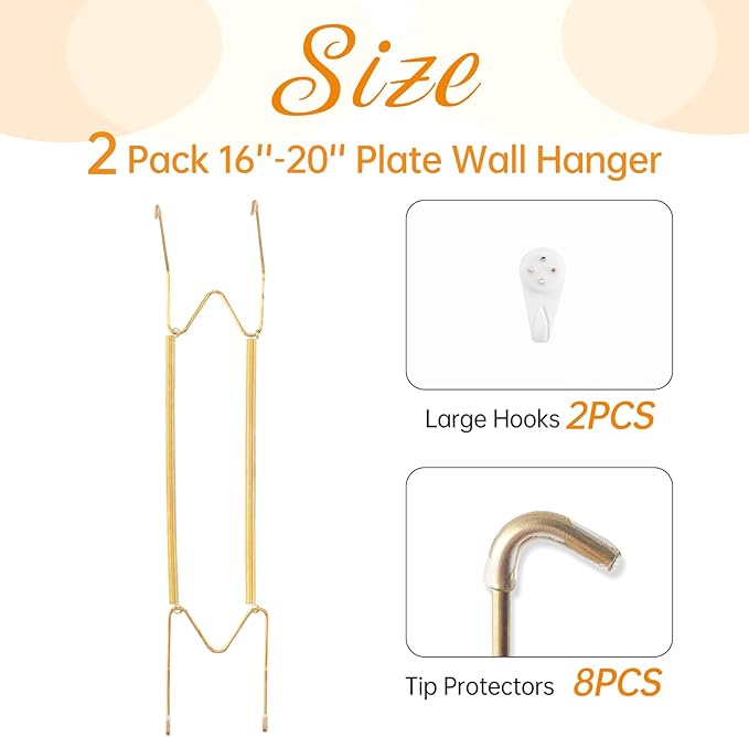 2 Pack Plate Hangers for The Wall, Suitable for 16-20 inch Art Plate, Stainless Steel Invisible Heavy Duty Wire Plate Holder with Wall Hooks, Plate Hangers for Displaying Plates, Platter, Dish, Gold