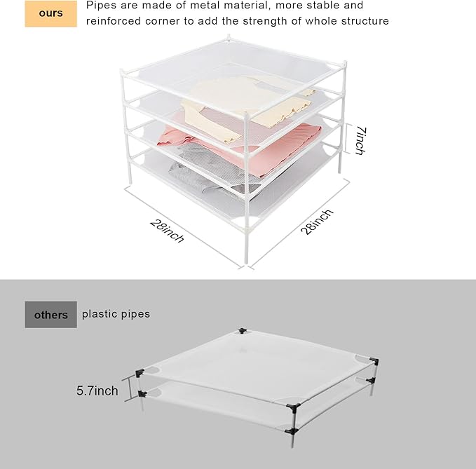 Sweater Drying Rack Flat, Metal Tube Mesh Clothes Drying Rack for Laundry with Rubber Feet, Stackable Laundry Clothing Dryer Rack for Art, Clothes, Indoor & Outdoor, White, 4-Layer
