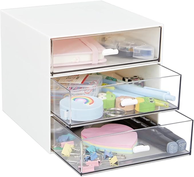 Desk Organizer with 3 Drawers, Clear Plastic Desk Storage Box, Desktop Organization for Office Supplies, Gel Pens, Pencils, Markers, Tape, Erasers, Paperclips, Chargers (White-3 Draws)