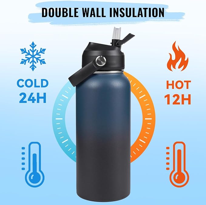 32oz Insulated Stainless Steel Water Bottle, Wide Mouth Double Wall Vacuum, Silicone Straw, Sweat & Leak Proof, BPA Free Insulated Water Flask for Travel, Keep Cold 24h Hot 12h, Blue