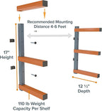 BORA 3-Level Wood Storage Rack, Wall-Mounted Hanging Shelf for Lumber, Garage Wall Storage, Space Saver for Workshop, Heavy Duty 300 lb Capacity, Metal Wood Rack System - PBR-0310, Orange/Black
