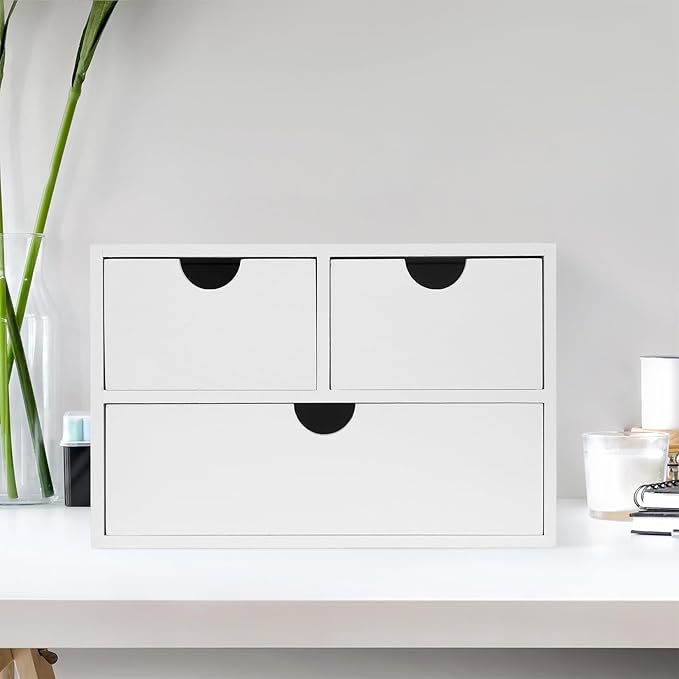 Rustic Distressed white 3-Tier Wood Desk Organizer with 3 Drawers Mini Storage Shelf For Desk, Toiletries Vanity Office Supplies (white)
