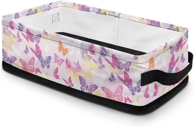 Decorative Baskets for Organizing, Narrow Storage Bins Toilet Paper Baskets Collapsible Fabric Basket Caddy for Shelf Counter Closet Accessories and Decor, Butterfly Violet Pink Yellow