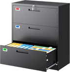 3 Drawer File Cabinet, Lateral Filing Cabinets for Home Office, Office Storage Drawers with Lock, Hanging Files Legal/Letter A4 Size (Assemble Required,Black)