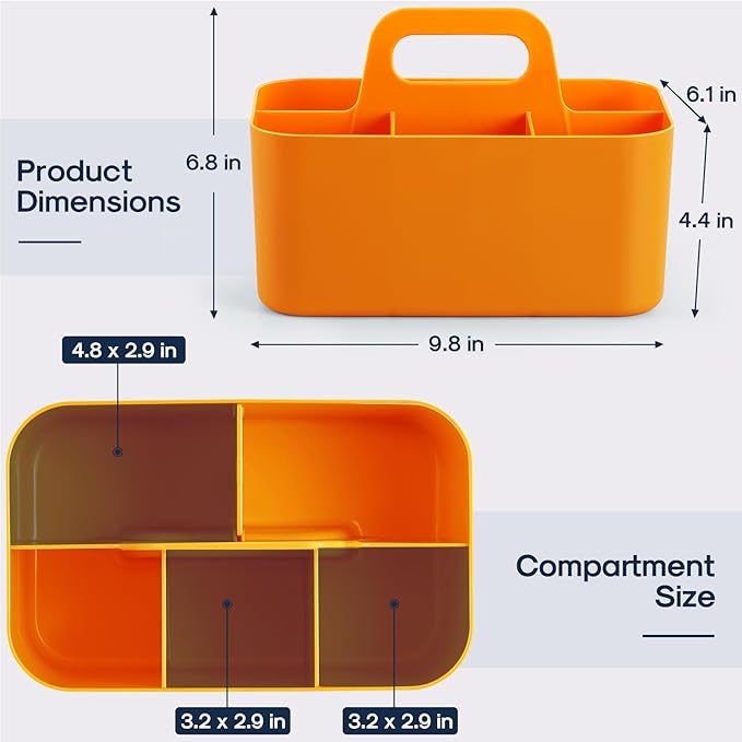 Multiuse Caddy Organizer with Handle, Stackable Plastic Tote Bin - Art Craft Supplies, Office, Desk, Stationery Pen Holder, Kitchen, Utensil, Makeup, Bathroom, Shower, Cleaning, Dorm Organizer, Orange