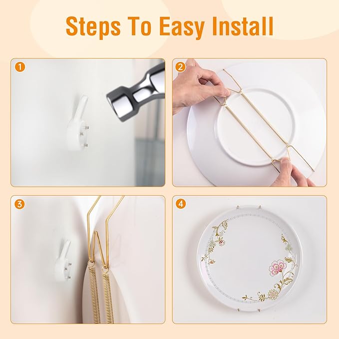 Bilillo 2 Pack Plate Hangers for The Wall, Suitable for 6-8 inch Decorative Plate, Stainless Steel Invisible Heavy Duty Wire Plate Holder with Wall Hooks, Plate Hangers for Displaying Plates