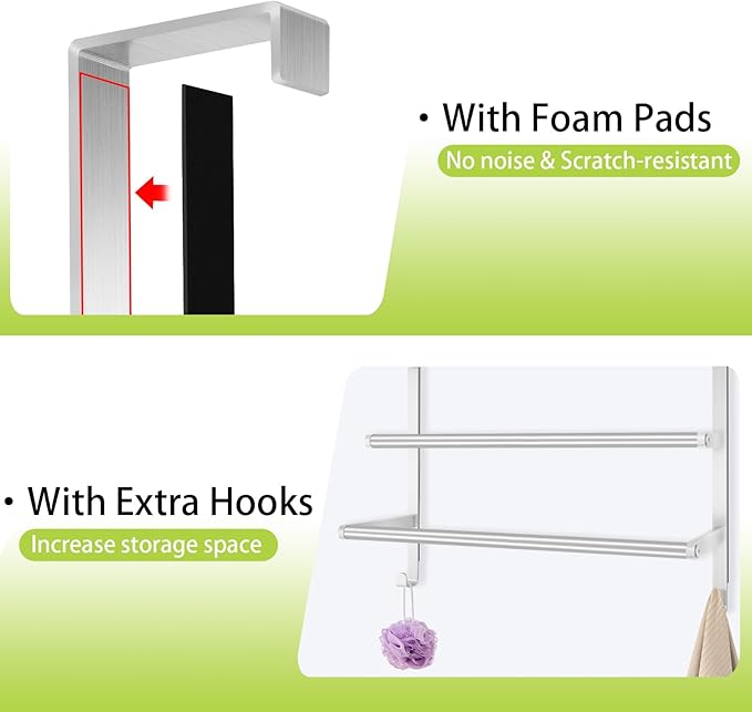 Over The Door Towel Racks for Bathroom, Over The Door Towel Rack, Towel Rack with Hooks for Door Hanging, Towel Bar Over The Door Towel Holder 16Inch, Brushed Nickel