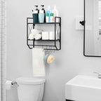 Bath Towel Shelf 2 Tier Towel Rack Wall Mount Towel Holder with Shelf Bathroom Shelves with Towel Bar and Hooks Industrial Wall Shelf Over Toilet for Towel Tissue Storage Organizer, Modern Black