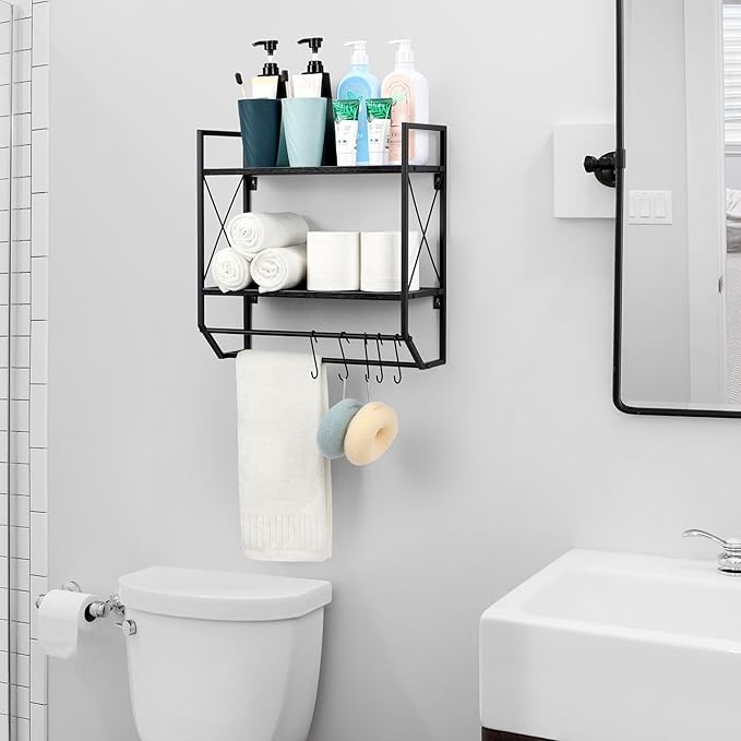 Bath Towel Shelf 2 Tier Towel Rack Wall Mount Towel Holder with Shelf Bathroom Shelves with Towel Bar and Hooks Industrial Wall Shelf Over Toilet for Towel Tissue Storage Organizer, Modern Black