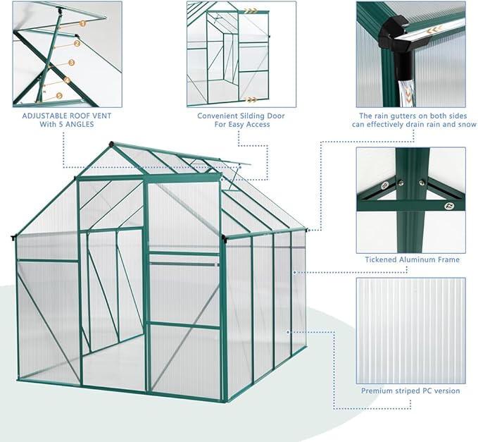 Polycarbonate Greenhouse with Rain Gutter and Roof Vent, Raised Base and Anchor Aluminum Heavy Duty Walk-in Green House, Outdoor Patio Sunroom with Sliding Door (Green, 98.43*74.8*76.77in)