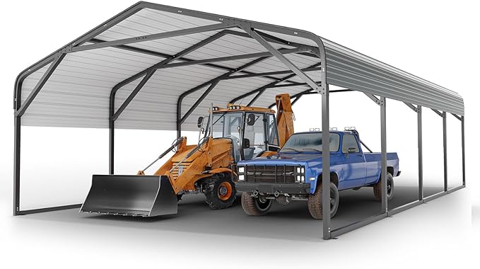 20x20 FT Heavy Duty Metal Carport, 2-Car Garage with Structural Reinforcement, Galvanized Steel Roof, Ground Anchors, 120lbs/Sq.Ft Snow/Wind Resistant Carports, Fits Pickups, Trucks, RVs, Boats