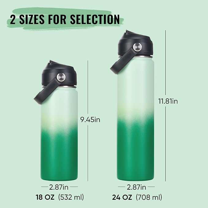 18oz Insulated Stainless Steel Water Bottle, Wide Mouth Double Wall Vacuum, Silicone Straw, Sweat & Leak Proof, BPA Free Insulated Water Flask for Travel, Green Gradient