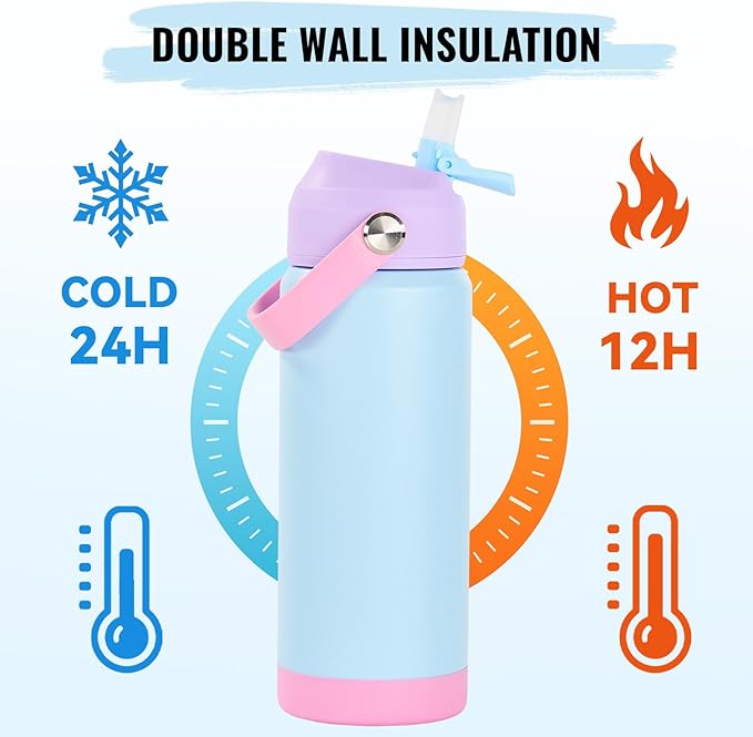 18oz Insulated Stainless Steel Water Bottle, Wide Mouth Double Wall Vacuum, Silicone Straw, Sweat & Leak Proof, BPA Free Insulated Water Flask for Travel, Keep Cold 24h Hot 12h, Light Purple