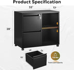 DEVAISE Lateral File Cabinet with 2 Drawers, Mobile Metal Filing Cabinet with Lock for Home Office Storage, Printer Stand with Adjustable Shelf - Black