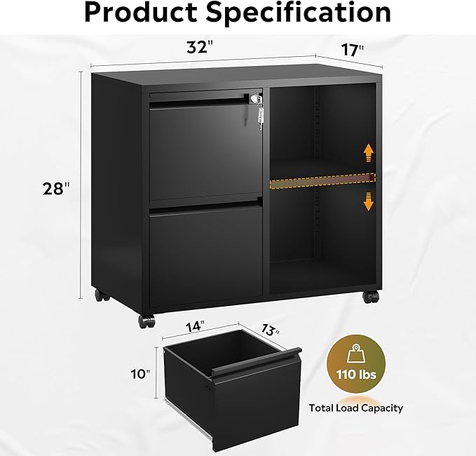 DEVAISE Lateral File Cabinet with 2 Drawers, Mobile Metal Filing Cabinet with Lock for Home Office Storage, Printer Stand with Adjustable Shelf - Black