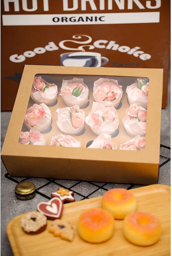 Bakepacker 12 Cupcake Containers 20-Packs Brown 12 Count Cupcake Boxes with Window Cupcakes Carrier, 13"x10"x3.5"（Auto-pop up）