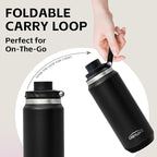 Greylock 20 oz Insulated Water Bottle with Straw Lid, Reusable Stainless Steel Sports Water Bottles with Foldable Handle, Leak Proof, Double-Wall Vacuum Insulation, 24 Hours Cold (Black)