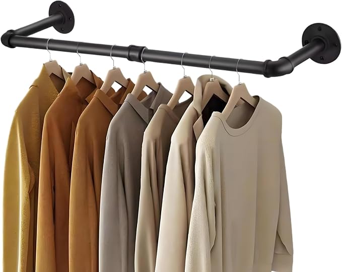 Wall Mount Iron Clothing Rack, Black Steel Laundry Room Drying Rack, Space Saving Coat Closet, 50 lbs Capacity (36 x 11 in)