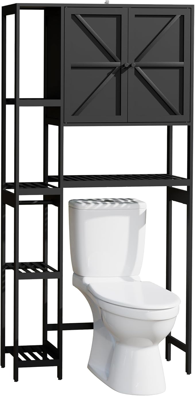 Bamboo Over The Toilet Storage, Above Toilet Organizer Storage Shelf Stand, Tall Freestanding Behind Toilet Rack, Tiered Bathroom Space Saver Shelving, Easy Assembly (Black)