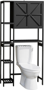 Bamboo Over The Toilet Storage, Above Toilet Organizer Storage Shelf Stand, Tall Freestanding Behind Toilet Rack, Tiered Bathroom Space Saver Shelving, Easy Assembly (Black)