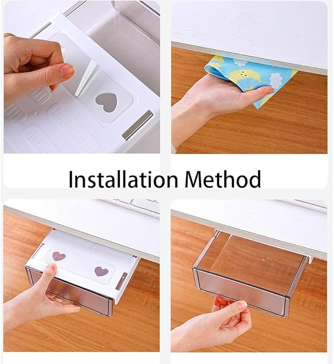 Self-adhesive Under Desk Drawer Organizer, Table Hidden Slide Out Large Storage Mounted Desktop Pencil Holder Tray Drawers for Office Home School Stationery Kitchen (White)
