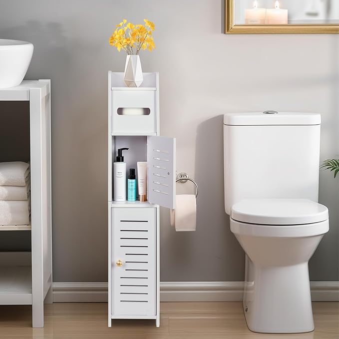 LuiceABC Toilet Paper Holder Stand, Over The Toilet Storage Cabinet for Bathroom, Slim Corner Shelf for Small Space Storage, Small Bathroom Storage Cabinet with Doors - White