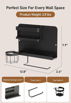 Bedside Wall Organizer Metal Shelf with Cup & Tissue Holder – Waterproof Wall Storage Rack for Dorm Room, Bathroom, Kitchen, and Office (Black)